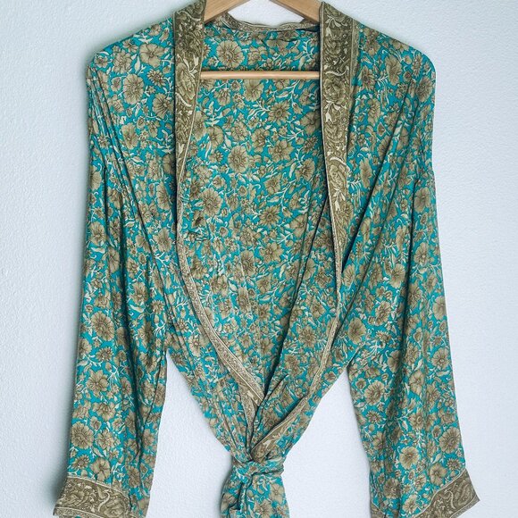Silk Sari Kimono Robe | Turquoise & Gold - Picture 1 of 3